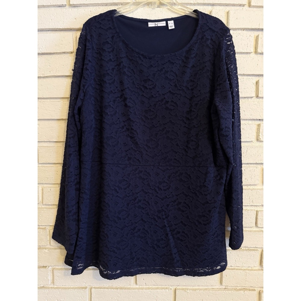Susan Graver Dark Blue Stretch Lace Peplum Tunic Top Lined Long Sleeve Size XL